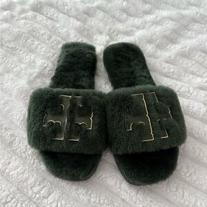 Tory Burch Dark Green Fur Slippers
